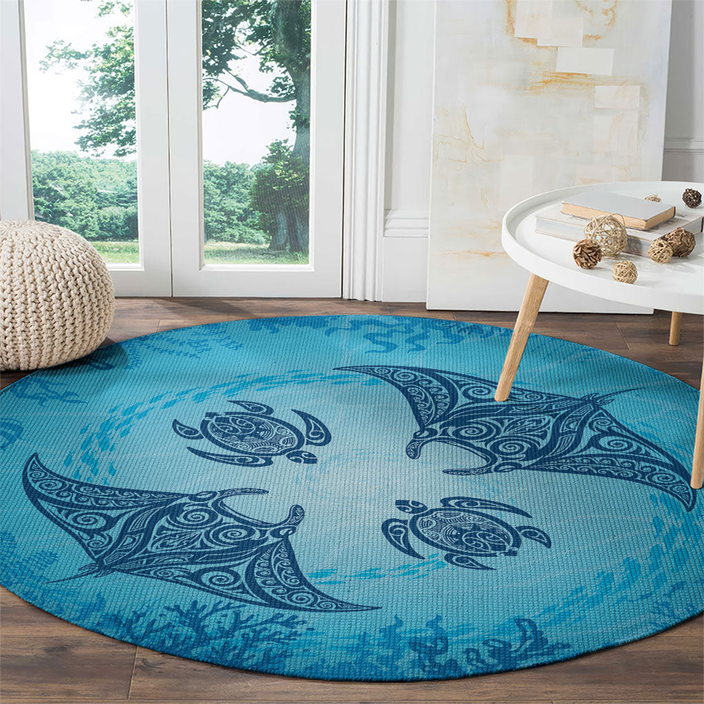 Hawaii Quilt Inspired Collection Aloha Sea Round Carpet Manta Ray and Turtles