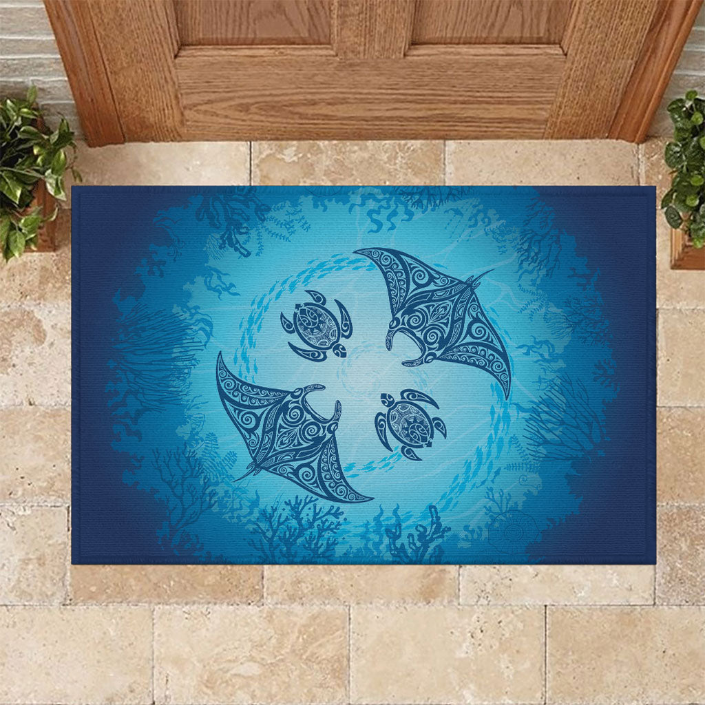 Hawaii Quilt Inspired Collection Aloha Sea Rubber Doormat Manta Ray and Turtles LT7 Cerulean - Polynesian Pride