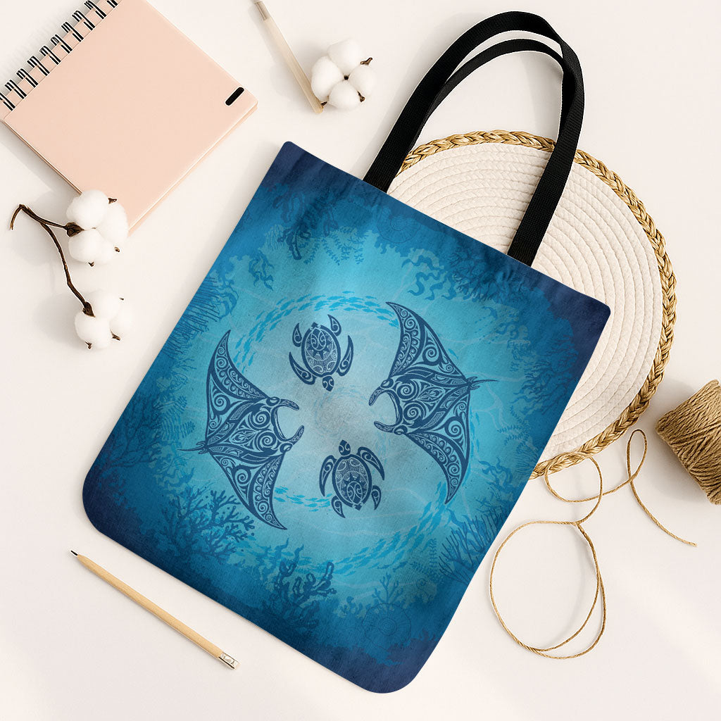 Hawaii Quilt Inspired Collection Aloha Sea Tote Bag Manta Ray and Turtles