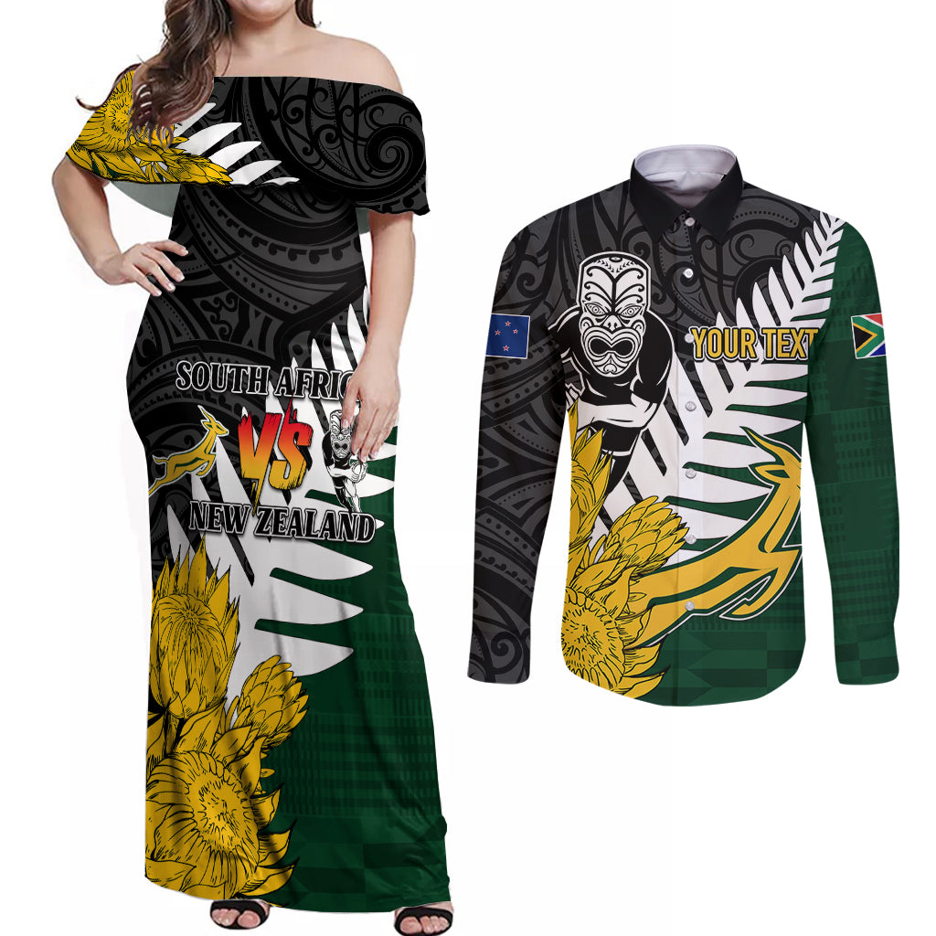 Personalised New Zealand Vs South Africa Rugby Couples Matching Off Shoulder Maxi Dress and Long Sleeve Button Shirts Rivals - Tribal Style LT7 Black Green - Polynesian Pride