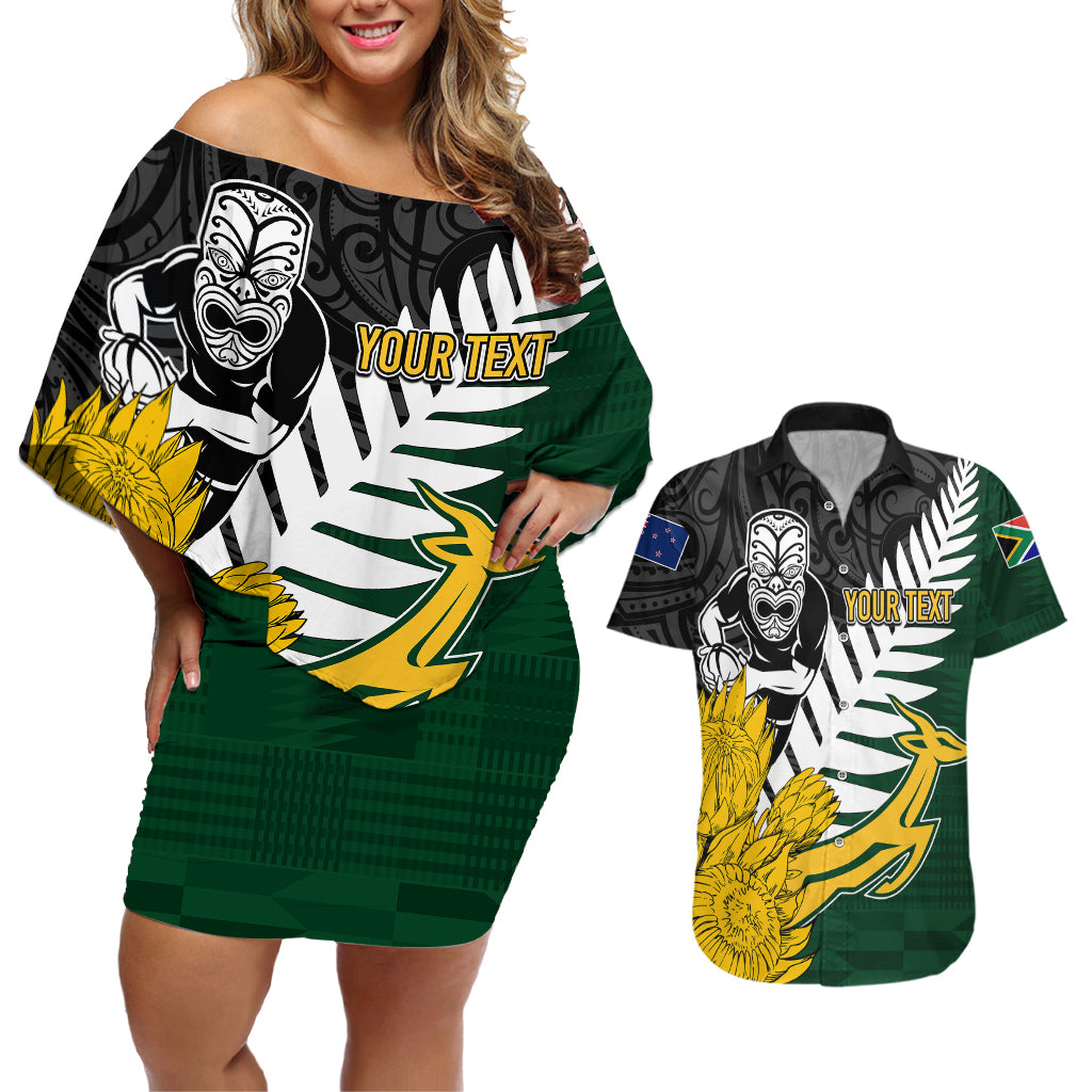 Personalised New Zealand Vs South Africa Rugby Couples Matching Off Shoulder Short Dress and Hawaiian Shirt Rivals - Tribal Style LT7 Black Green - Polynesian Pride