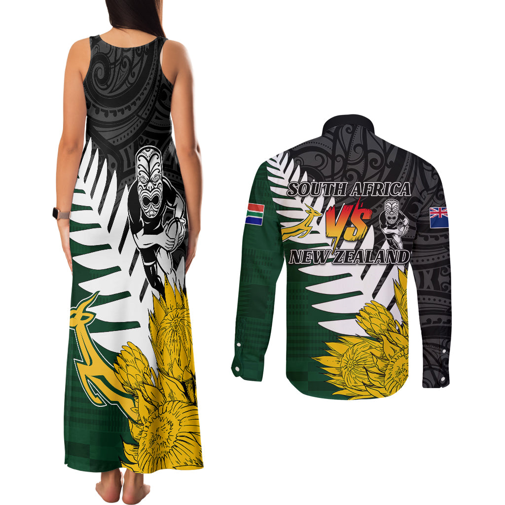 Personalised New Zealand Vs South Africa Rugby Couples Matching Tank Maxi Dress and Long Sleeve Button Shirts Rivals - Tribal Style LT7 - Polynesian Pride