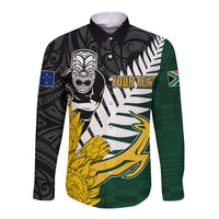 Personalised New Zealand Vs South Africa Rugby Long Sleeve Button Shirt Rivals - Tribal Style LT7 Unisex Black Green - Polynesian Pride