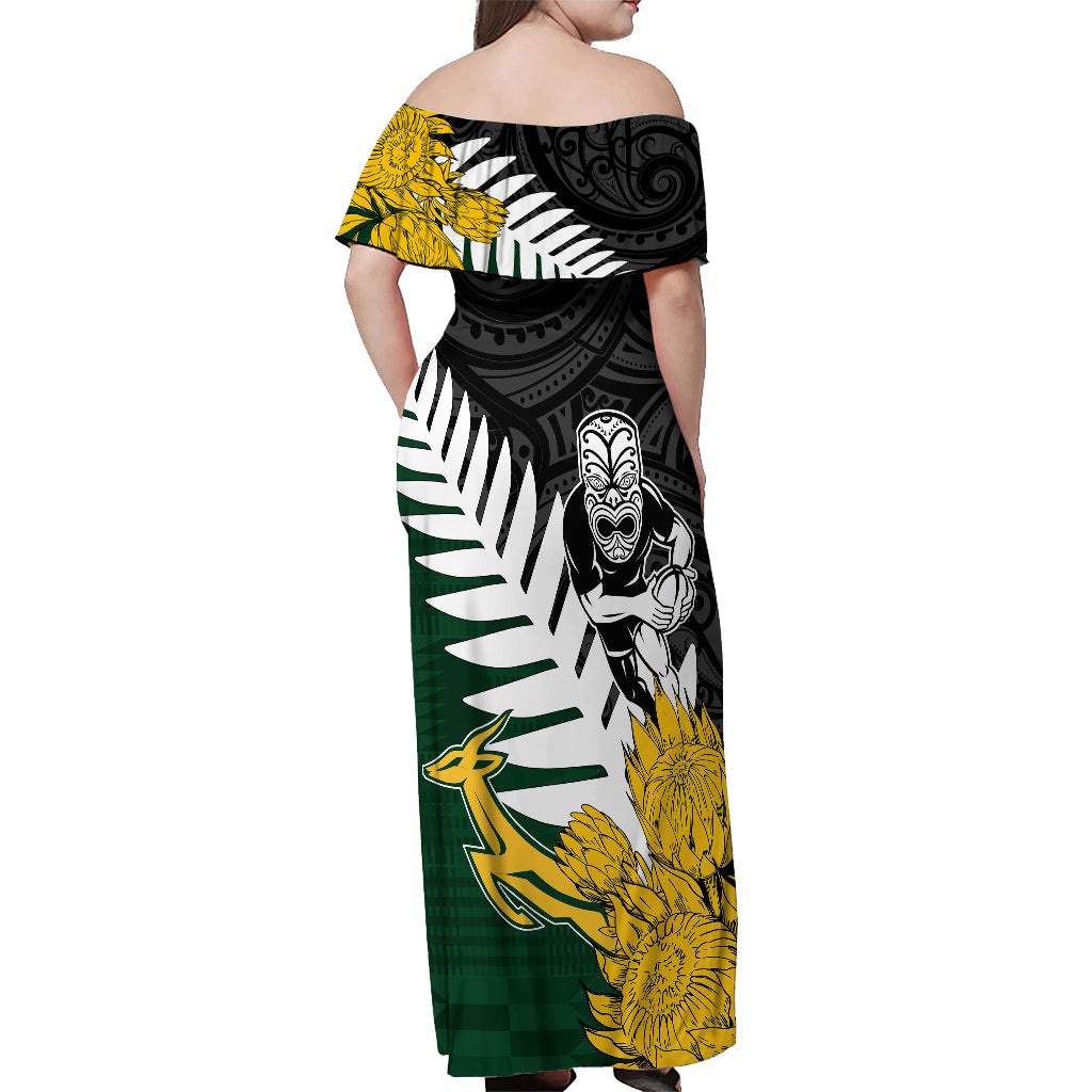 Personalised New Zealand Vs South Africa Rugby Off Shoulder Maxi Dress Rivals - Tribal Style LT7 - Polynesian Pride