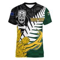 Personalised New Zealand Vs South Africa Rugby Women V Neck T Shirt Rivals - Tribal Style LT7 Female Black Green - Polynesian Pride