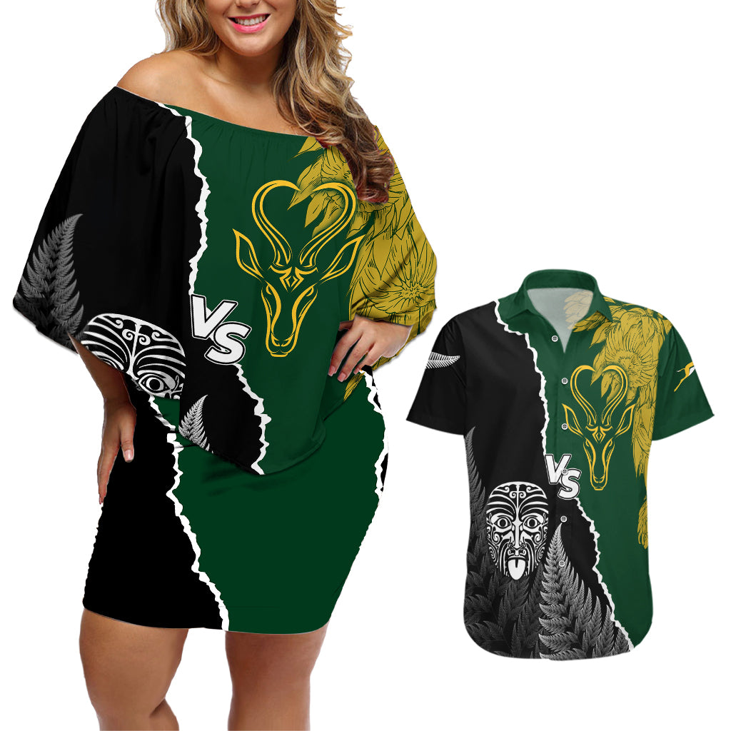 Personalised New Zealand Vs South Africa Rugby Couples Matching Off Shoulder Short Dress and Hawaiian Shirt Rivals Dynamics LT7 Black Green - Polynesian Pride