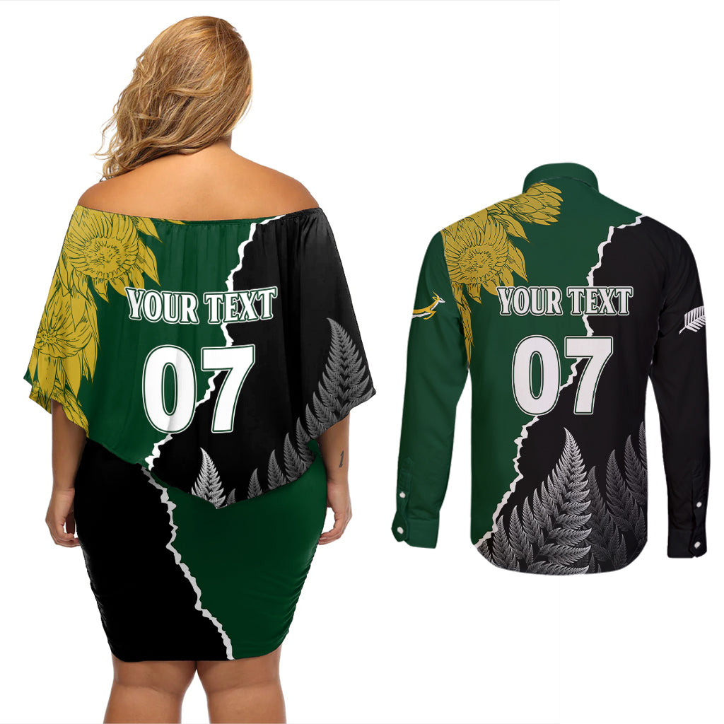 Personalised New Zealand Vs South Africa Rugby Couples Matching Off Shoulder Short Dress and Long Sleeve Button Shirts Rivals Dynamics LT7 - Polynesian Pride