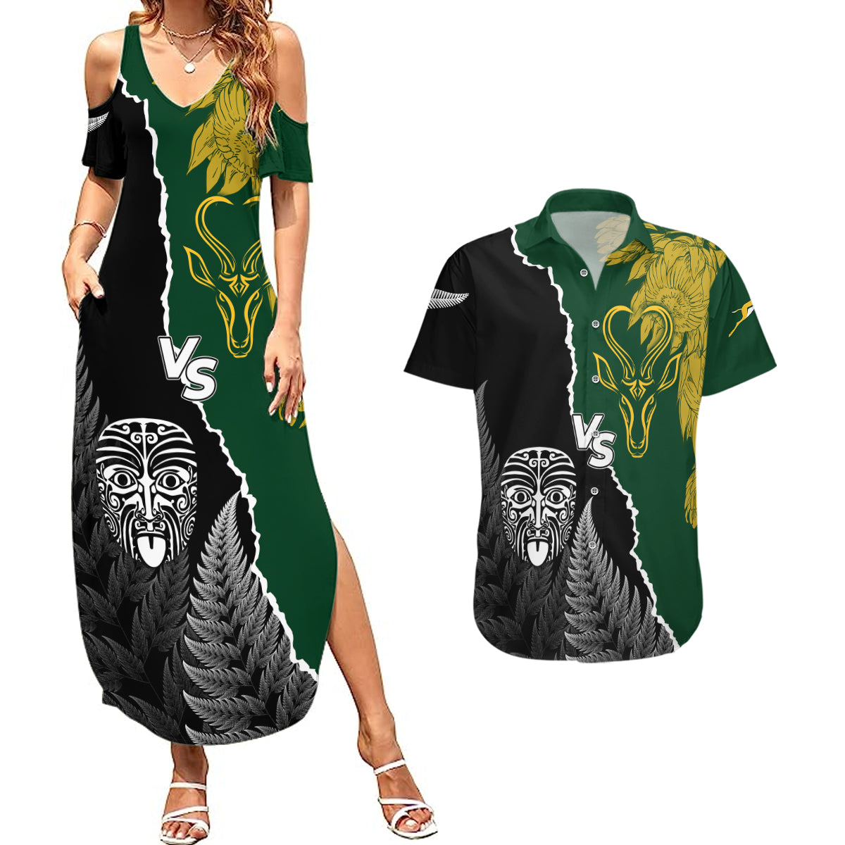 Personalised New Zealand Vs South Africa Rugby Couples Matching Summer Maxi Dress and Hawaiian Shirt Rivals Dynamics LT7 Black Green - Polynesian Pride