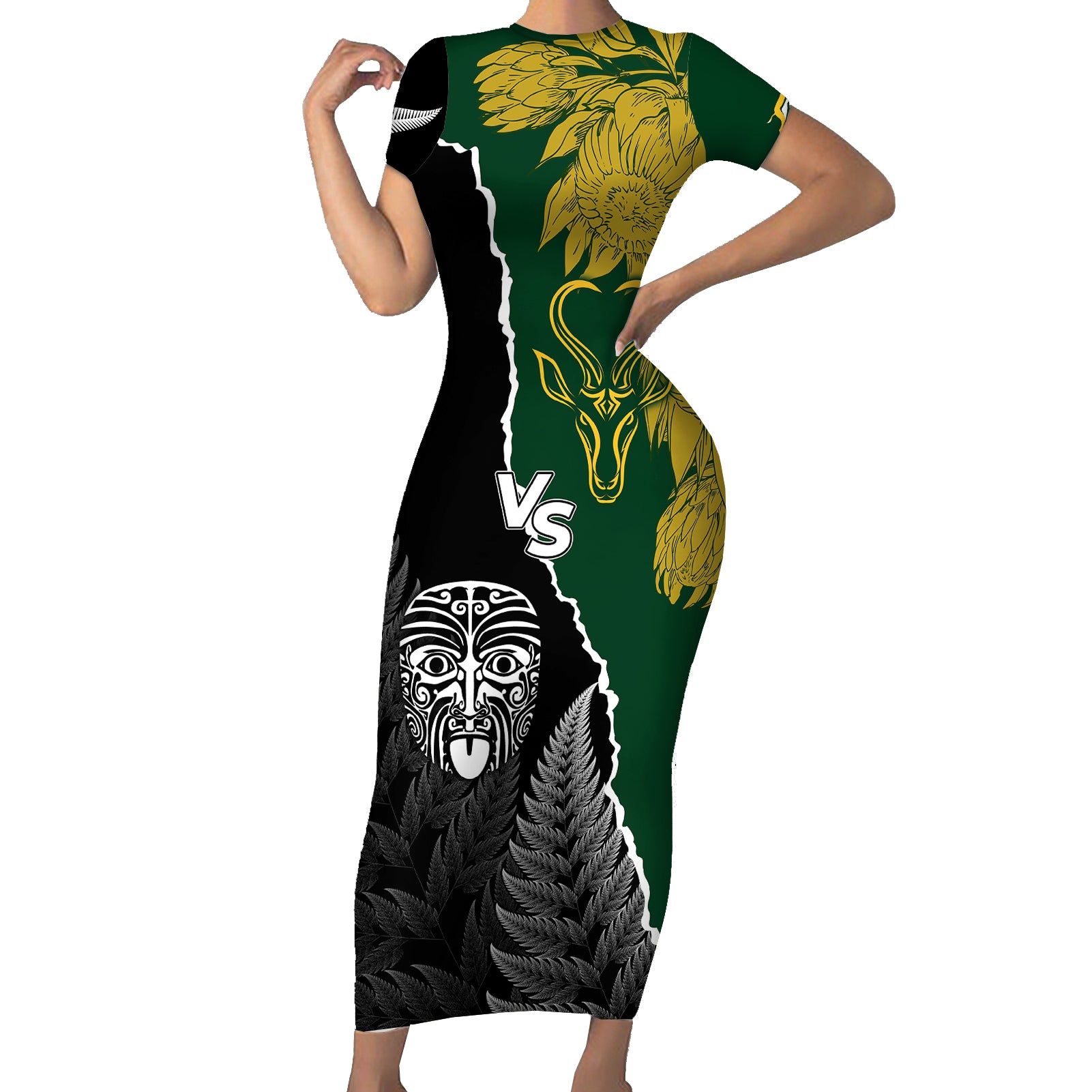 Personalised New Zealand Vs South Africa Rugby Short Sleeve Bodycon Dress Rivals Dynamics LT7 Long Dress Black Green - Polynesian Pride