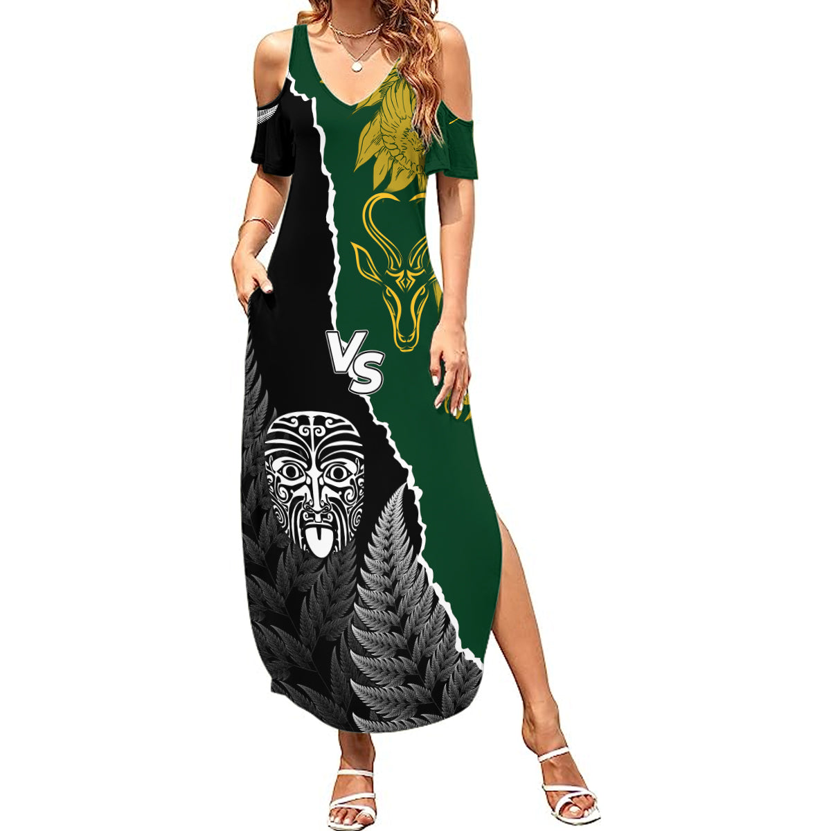 Personalised New Zealand Vs South Africa Rugby Summer Maxi Dress Rivals Dynamics LT7 Women Black Green - Polynesian Pride