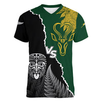 Personalised New Zealand Vs South Africa Rugby Women V Neck T Shirt Rivals Dynamics LT7 Female Black Green - Polynesian Pride
