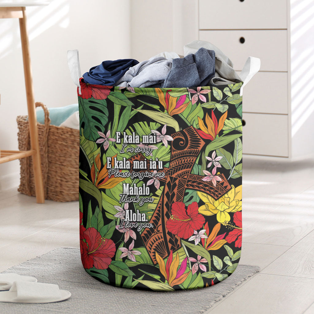 Mahalo Hawaii Ho'oponopono Pule Laundry Basket Polynesian Pattern Cross