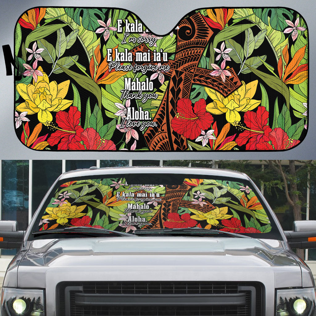 Mahalo Hawaii Ho'oponopono Pule Auto Sun Shade Polynesian Pattern Cross