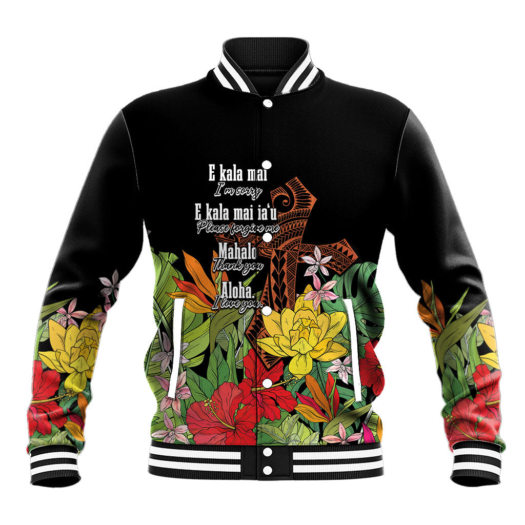 Mahalo Hawaii Ho'oponopono Pule Baseball Jacket Polynesian Pattern Cross