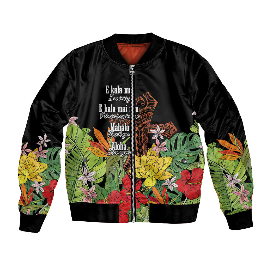 Mahalo Hawaii Ho'oponopono Pule Bomber Jacket Polynesian Pattern Cross