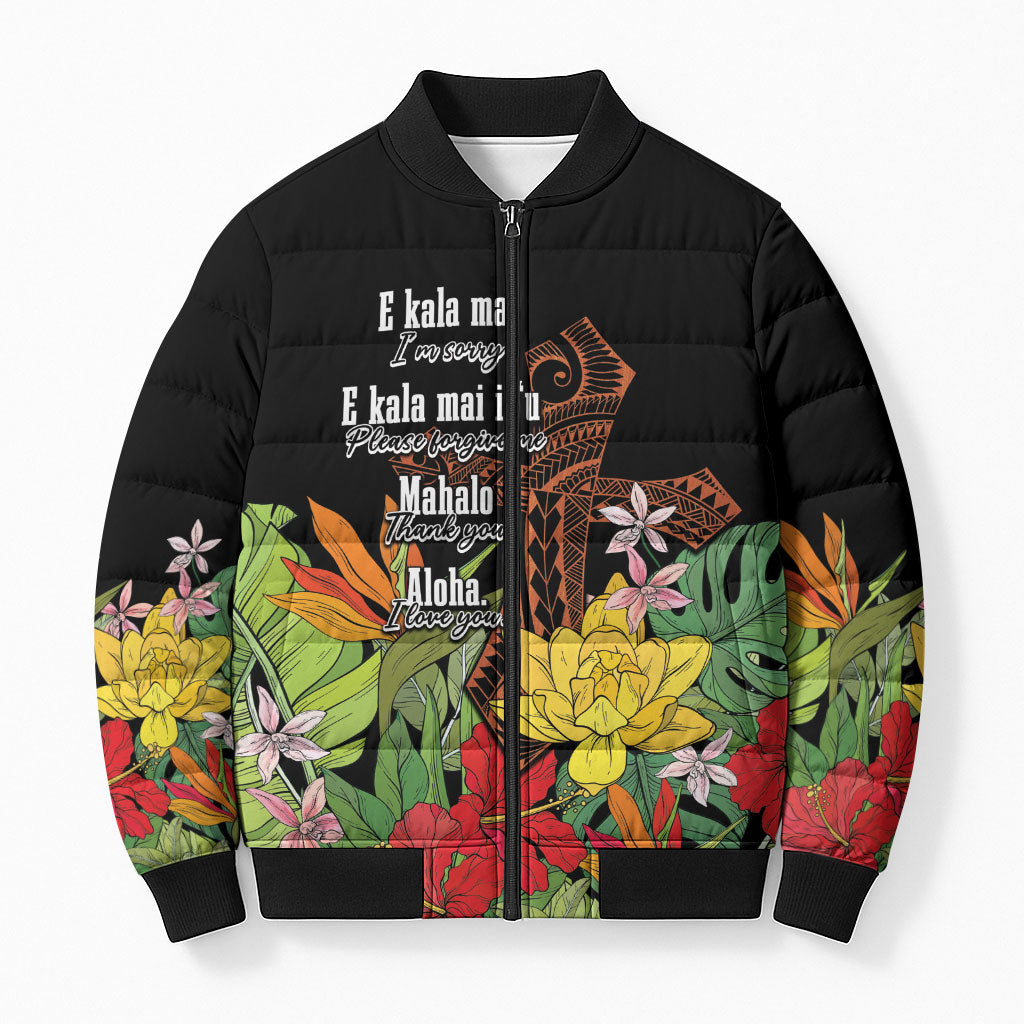 Mahalo Hawaii Ho'oponopono Pule Bomber Puffer Jacket Polynesian Pattern Cross