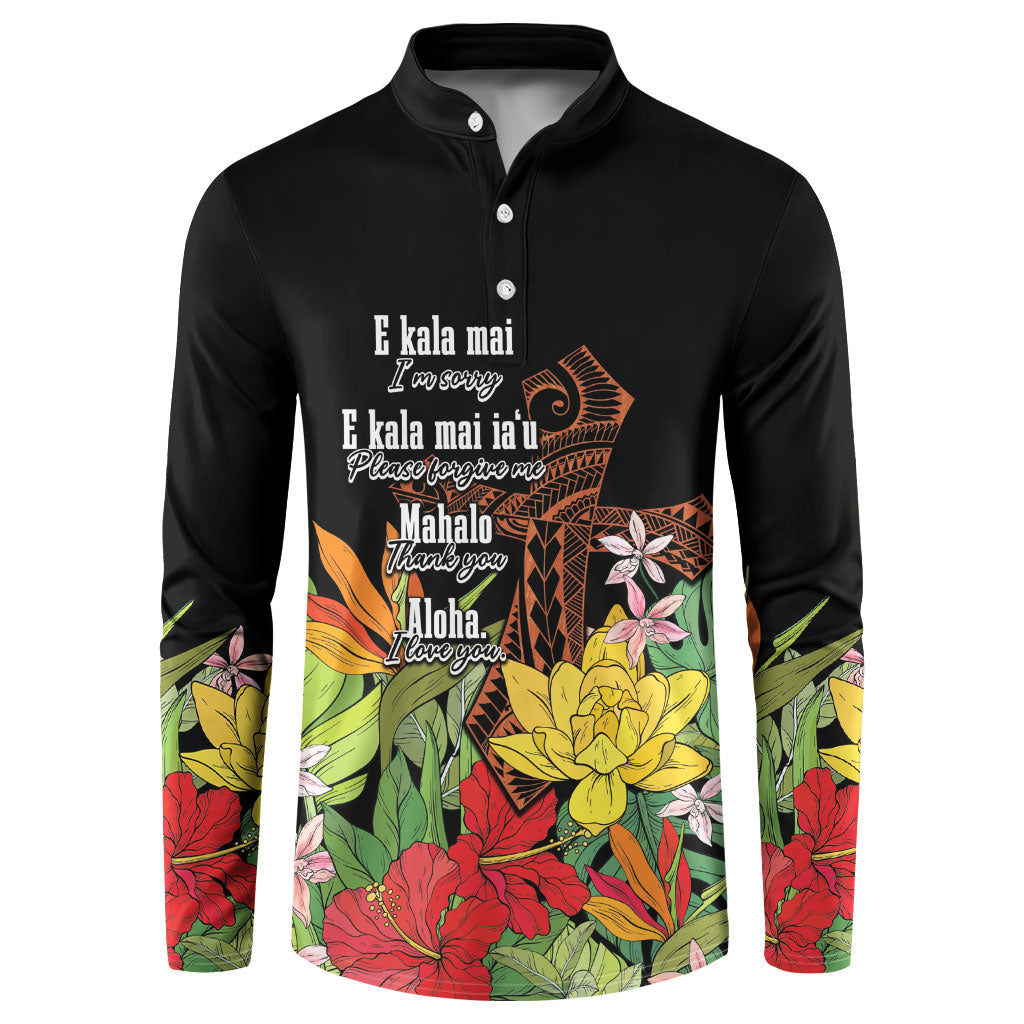 Mahalo Hawaii Ho'oponopono Pule Button Sweatshirt Polynesian Pattern Cross