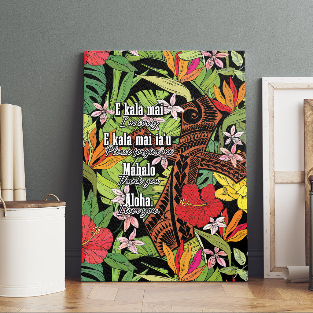 Mahalo Hawaii Ho'oponopono Pule Canvas Wall Art Polynesian Pattern Cross
