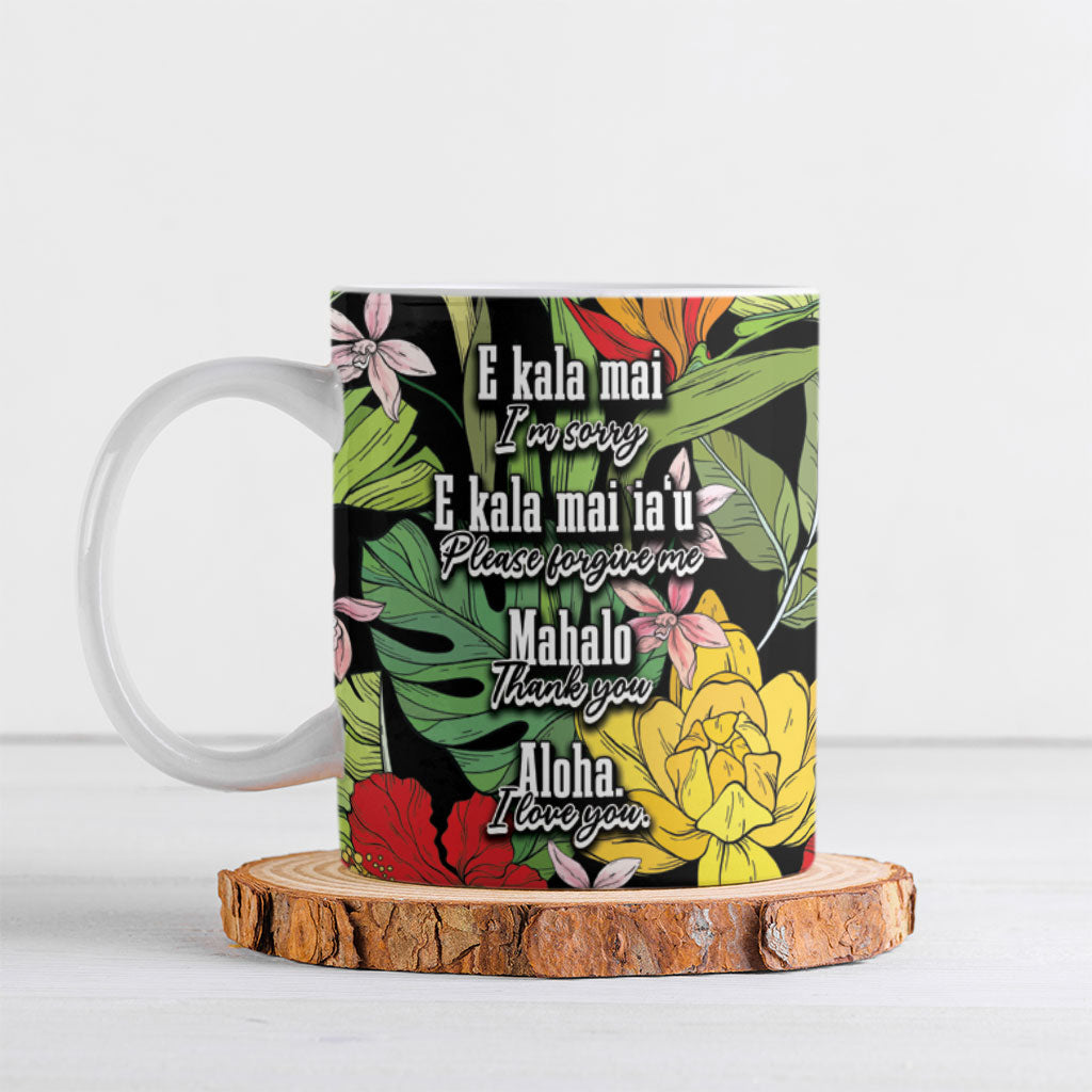 Mahalo Hawaii Ho'oponopono Pule Ceramic Mug Polynesian Pattern Cross