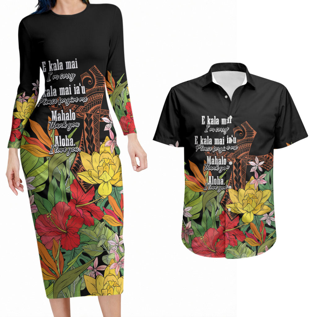 Mahalo Hawaii Ho'oponopono Pule Couples Matching Long Sleeve Bodycon Dress and Hawaiian Shirt Polynesian Pattern Cross