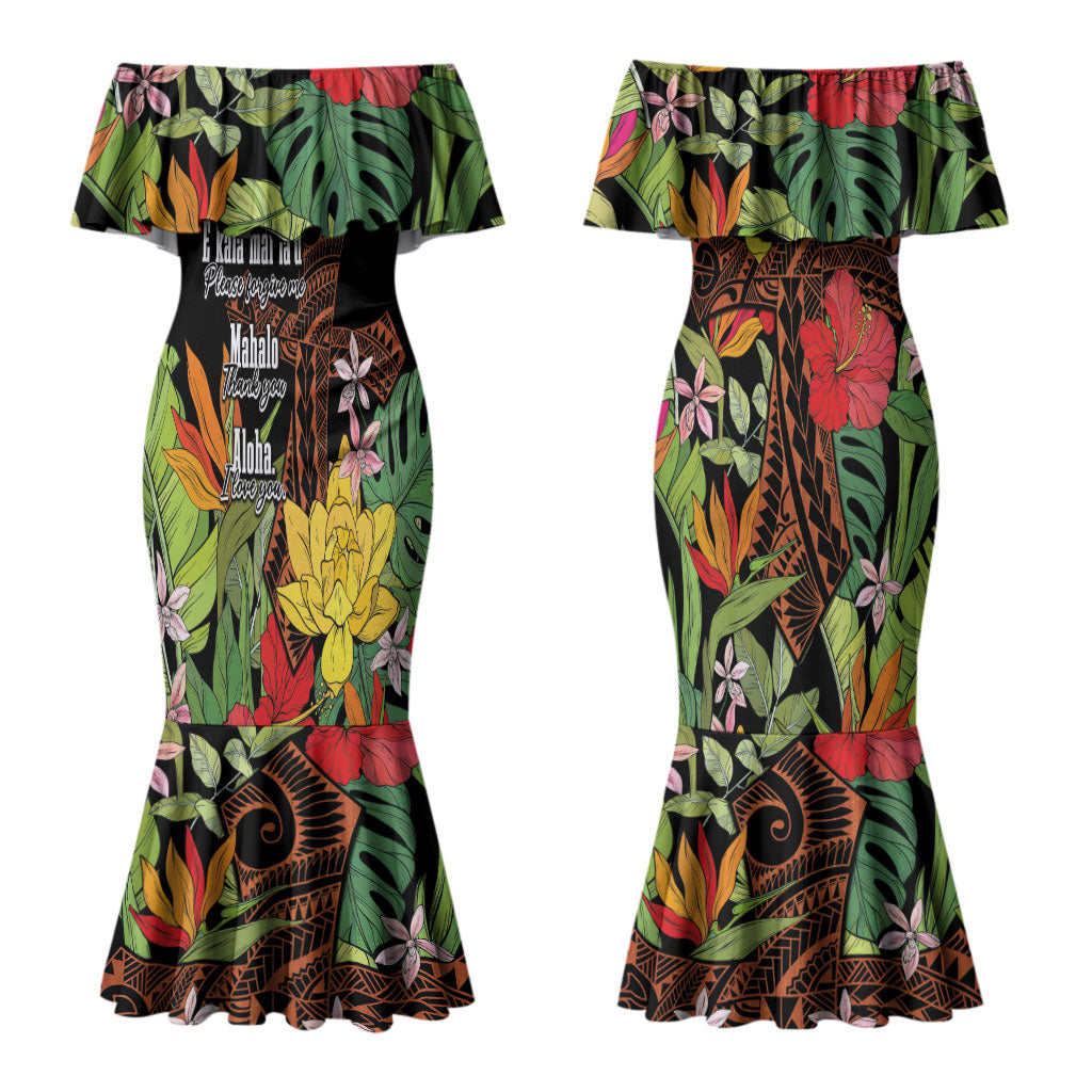 Mahalo Hawaii Ho'oponopono Pule Couples Matching Mermaid Dress and Hawaiian Shirt Polynesian Pattern Cross