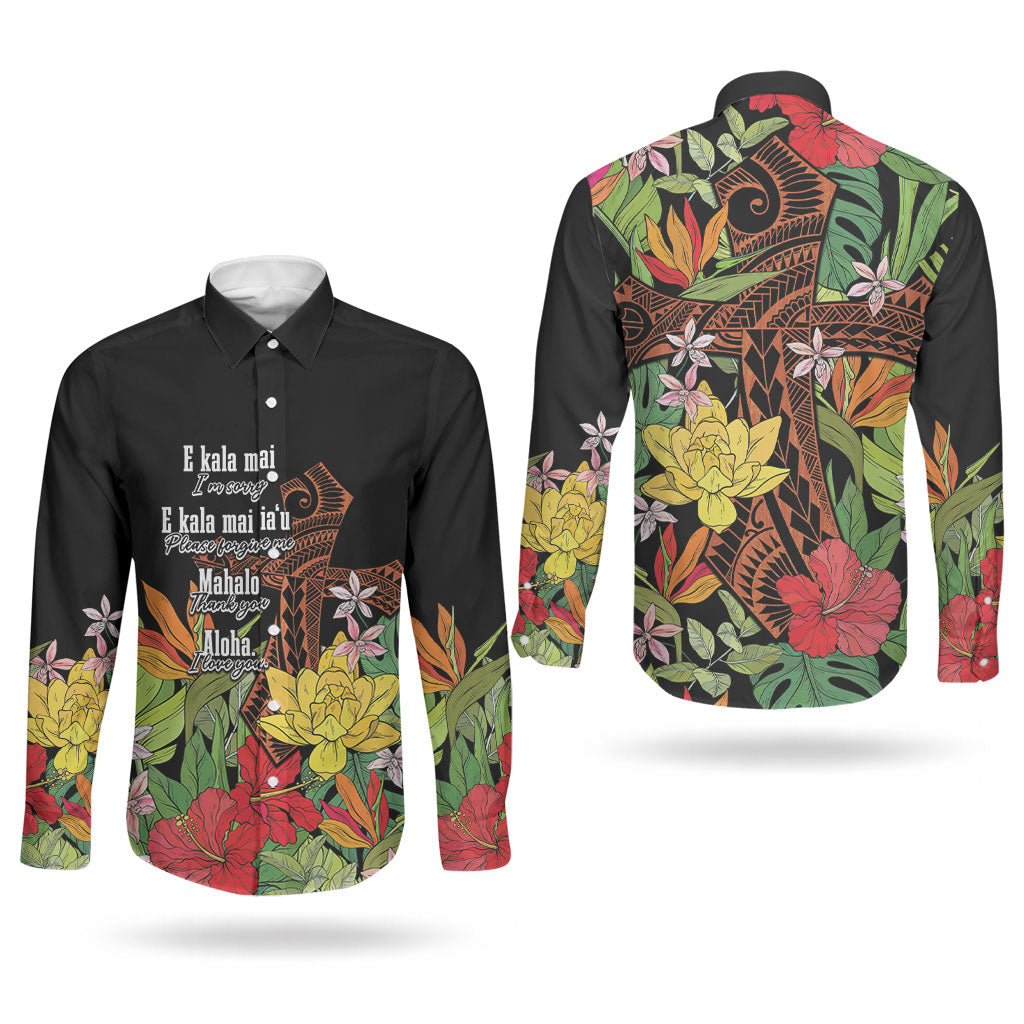 Mahalo Hawaii Ho'oponopono Pule Couples Matching Off Shoulder Maxi Dress and Long Sleeve Button Shirt Polynesian Pattern Cross