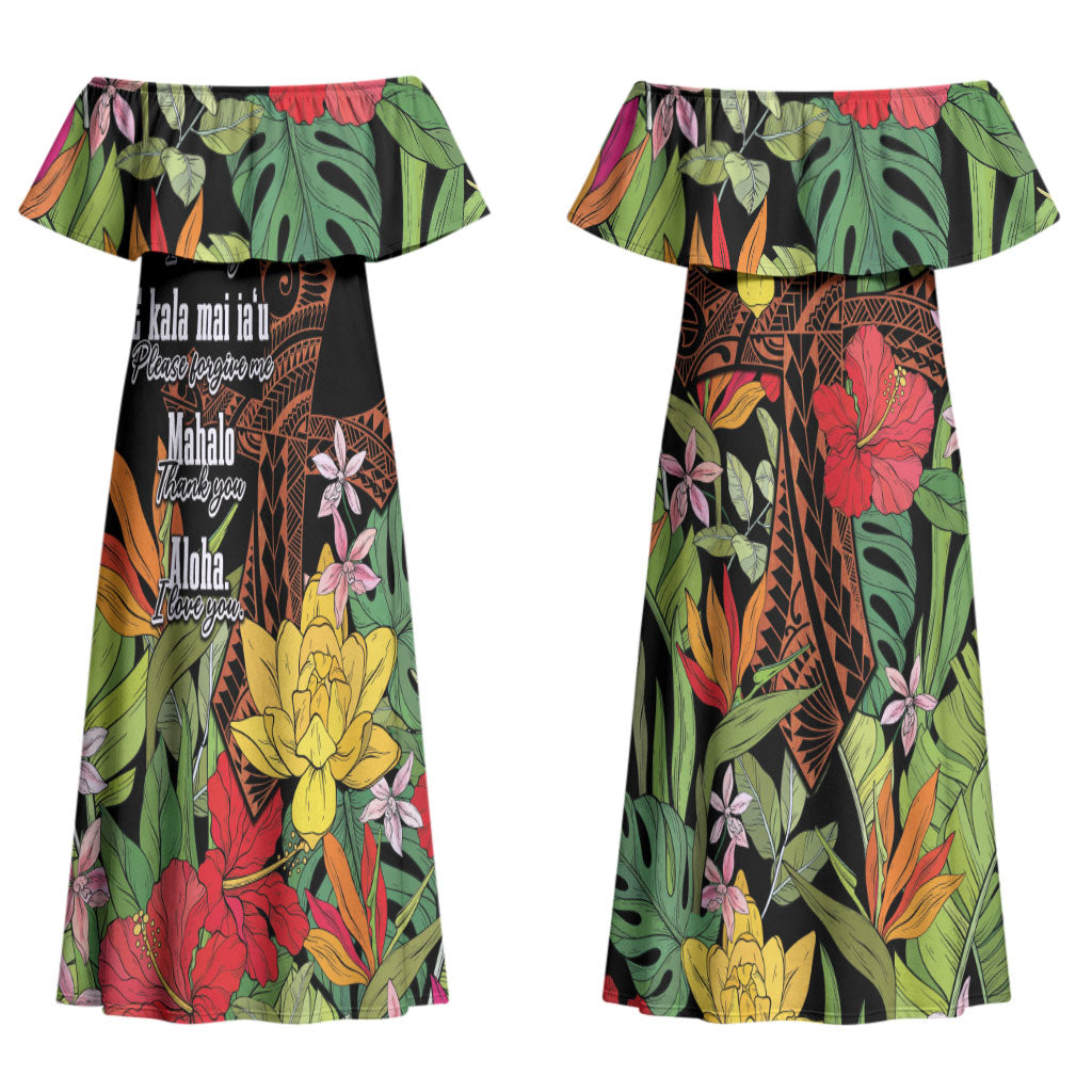 Mahalo Hawaii Ho'oponopono Pule Couples Matching Off Shoulder Maxi Dress and Long Sleeve Button Shirt Polynesian Pattern Cross