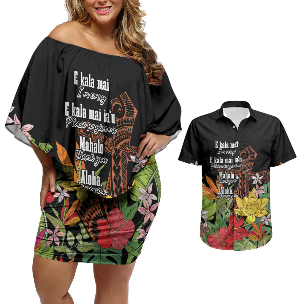 Mahalo Hawaii Ho'oponopono Pule Couples Matching Off Shoulder Short Dress and Hawaiian Shirt Polynesian Pattern Cross