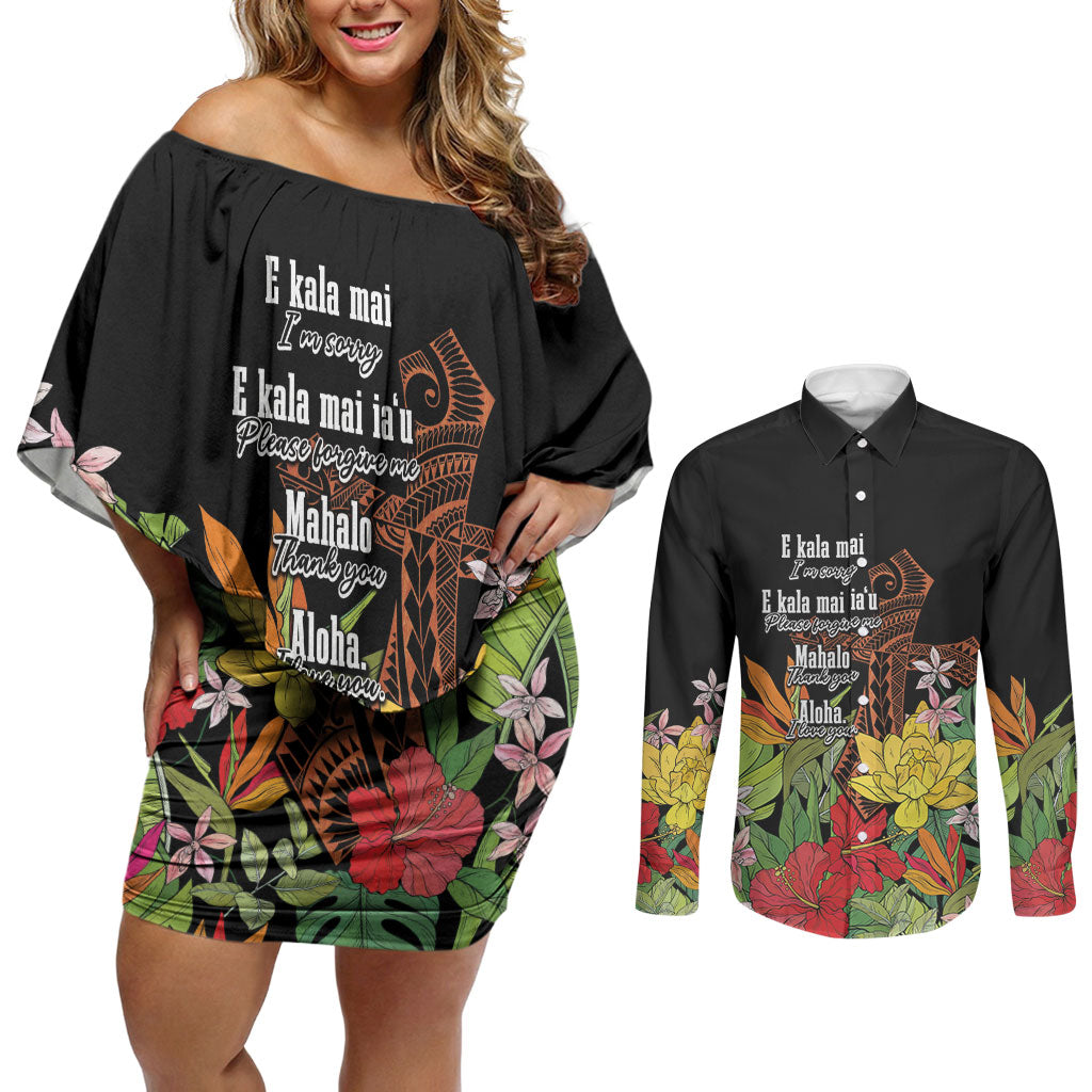 Mahalo Hawaii Ho'oponopono Pule Couples Matching Off Shoulder Short Dress and Long Sleeve Button Shirt Polynesian Pattern Cross