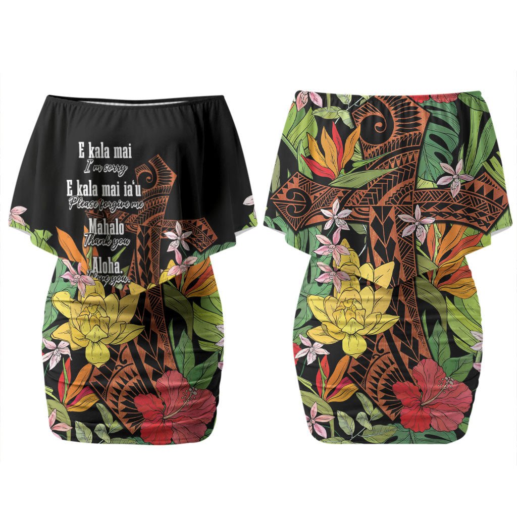 Mahalo Hawaii Ho'oponopono Pule Couples Matching Off Shoulder Short Dress and Long Sleeve Button Shirt Polynesian Pattern Cross