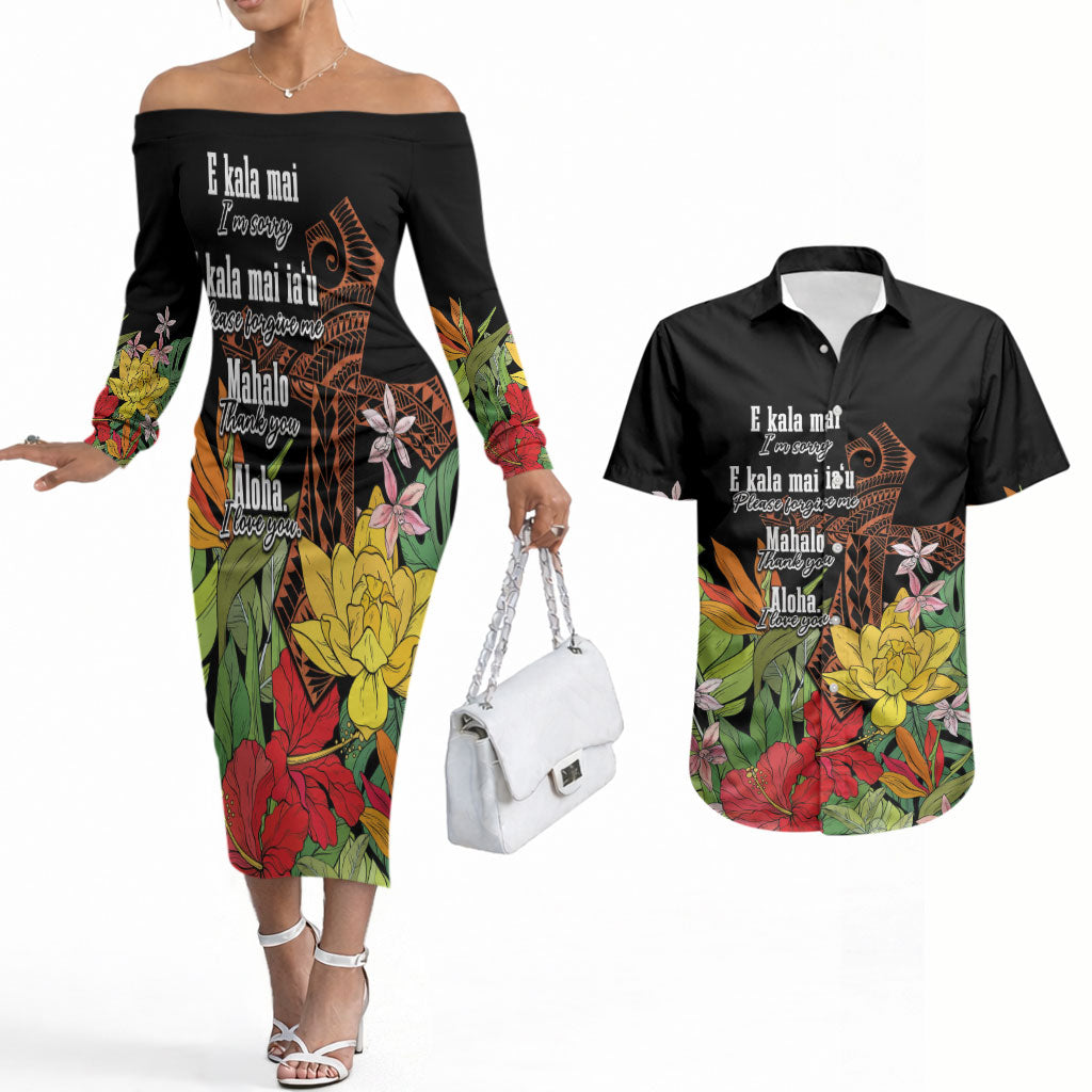 Mahalo Hawaii Ho'oponopono Pule Couples Matching Off The Shoulder Long Sleeve Dress and Hawaiian Shirt Polynesian Pattern Cross