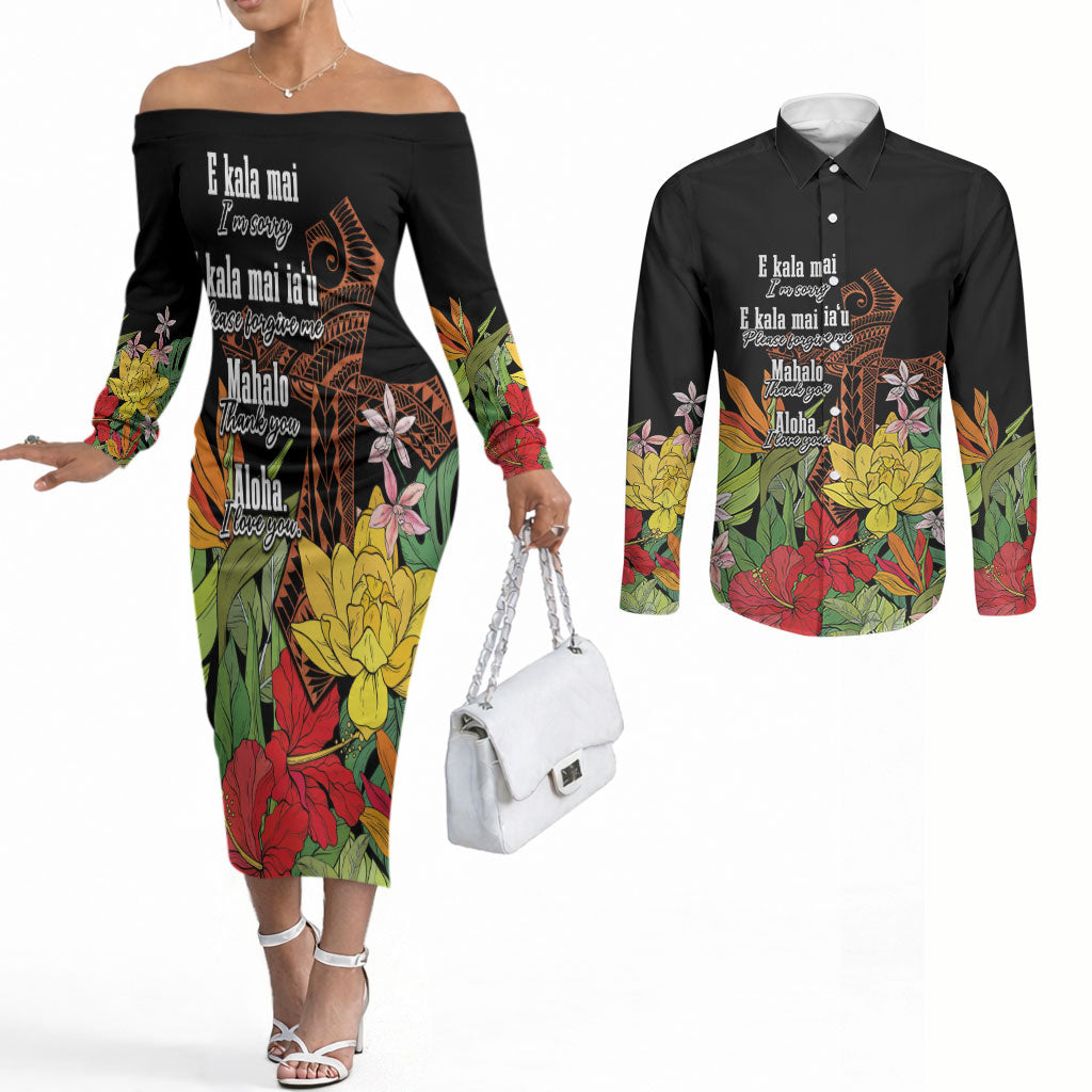 Mahalo Hawaii Ho'oponopono Pule Couples Matching Off The Shoulder Long Sleeve Dress and Long Sleeve Button Shirt Polynesian Pattern Cross