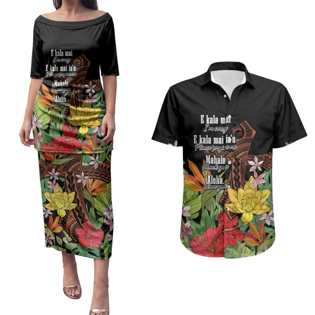 Mahalo Hawaii Ho'oponopono Pule Couples Matching Puletasi and Hawaiian Shirt Polynesian Pattern Cross