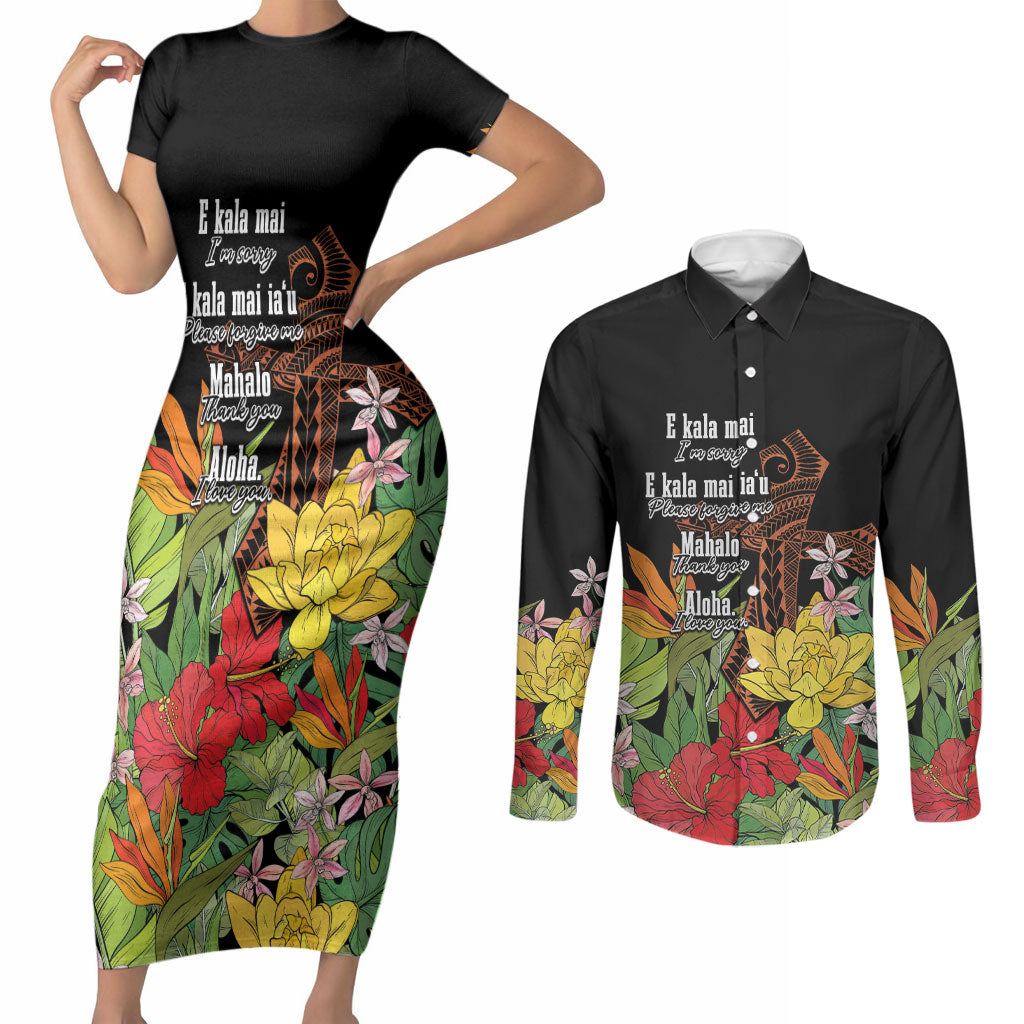 Mahalo Hawaii Ho'oponopono Pule Couples Matching Short Sleeve Bodycon Dress and Long Sleeve Button Shirt Polynesian Pattern Cross