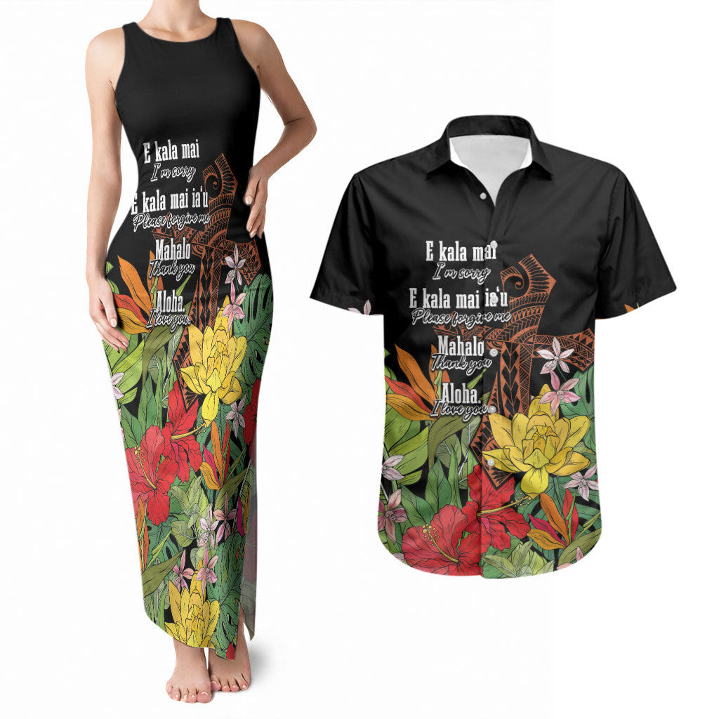 Mahalo Hawaii Ho'oponopono Pule Couples Matching Tank Maxi Dress and Hawaiian Shirt Polynesian Pattern Cross