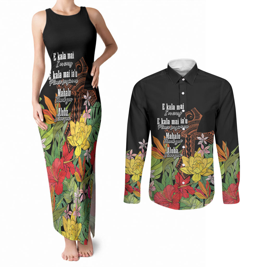 Mahalo Hawaii Ho'oponopono Pule Couples Matching Tank Maxi Dress and Long Sleeve Button Shirt Polynesian Pattern Cross