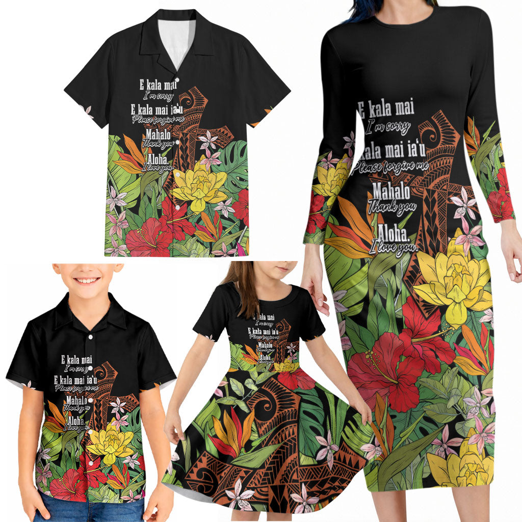 Mahalo Hawaii Ho'oponopono Pule Family Matching Long Sleeve Bodycon Dress and Hawaiian Shirt Polynesian Pattern Cross