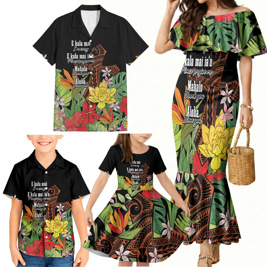 Mahalo Hawaii Ho'oponopono Pule Family Matching Mermaid Dress and Hawaiian Shirt Polynesian Pattern Cross