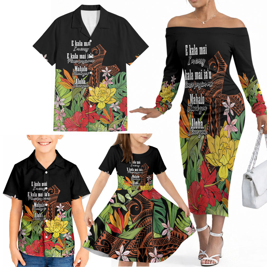 Mahalo Hawaii Ho'oponopono Pule Family Matching Off The Shoulder Long Sleeve Dress and Hawaiian Shirt Polynesian Pattern Cross