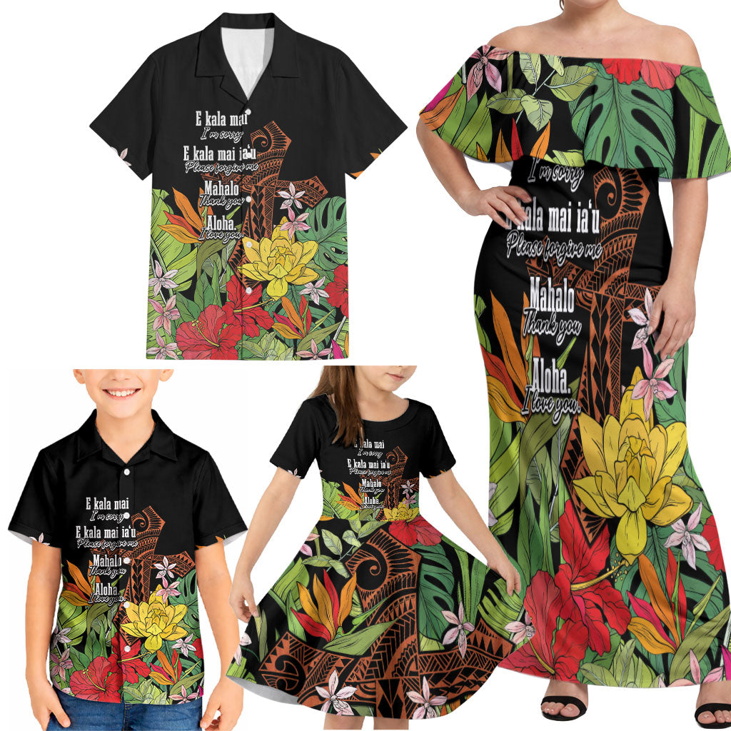 Mahalo Hawaii Ho'oponopono Pule Family Matching Off Shoulder Maxi Dress and Hawaiian Shirt Polynesian Pattern Cross