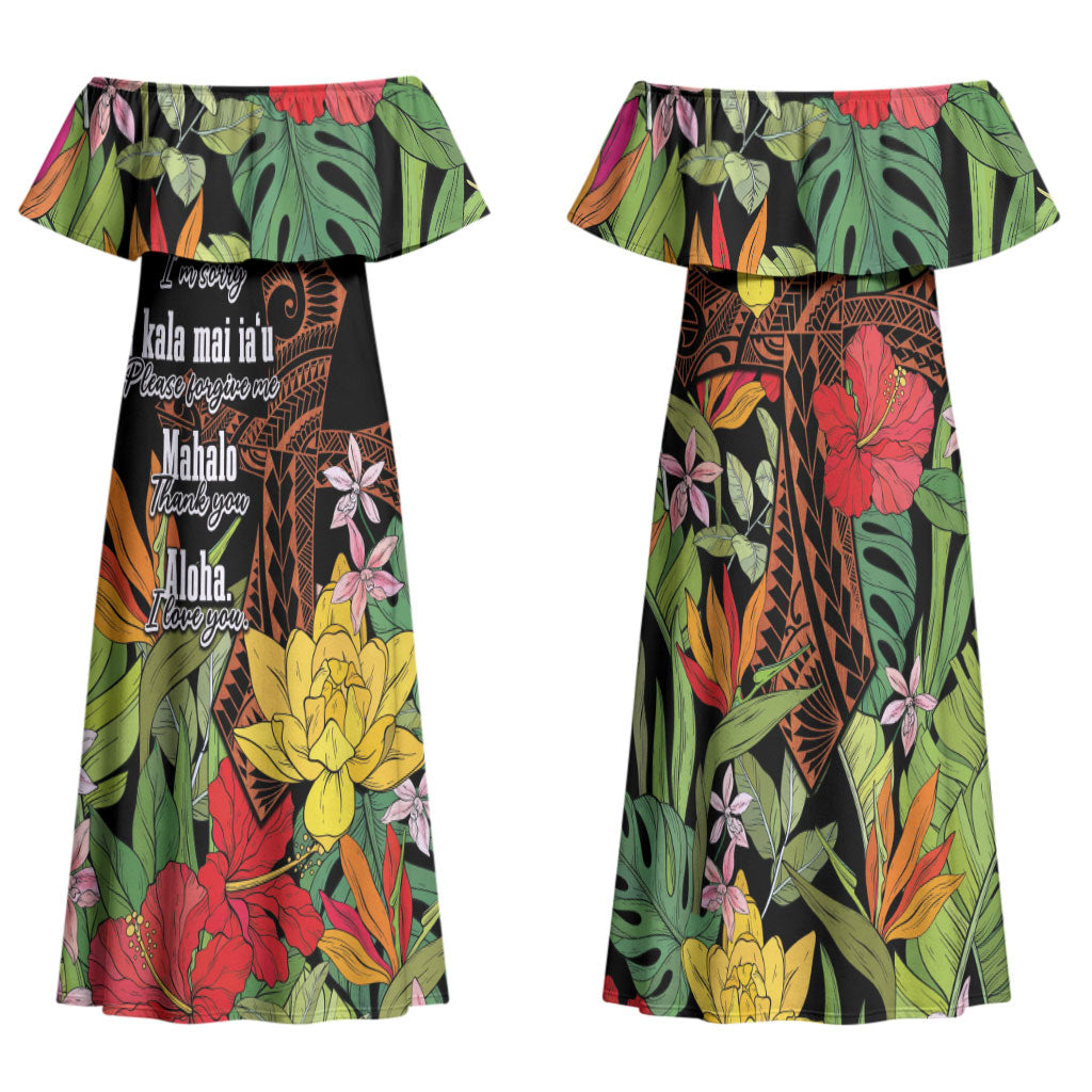 Mahalo Hawaii Ho'oponopono Pule Family Matching Off Shoulder Maxi Dress and Hawaiian Shirt Polynesian Pattern Cross