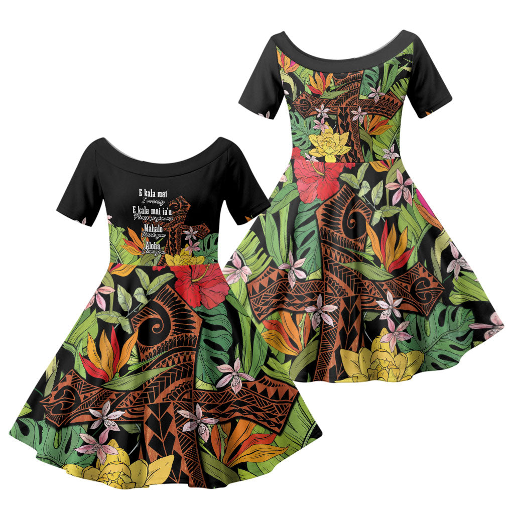 Mahalo Hawaii Ho'oponopono Pule Family Matching Off Shoulder Maxi Dress and Hawaiian Shirt Polynesian Pattern Cross