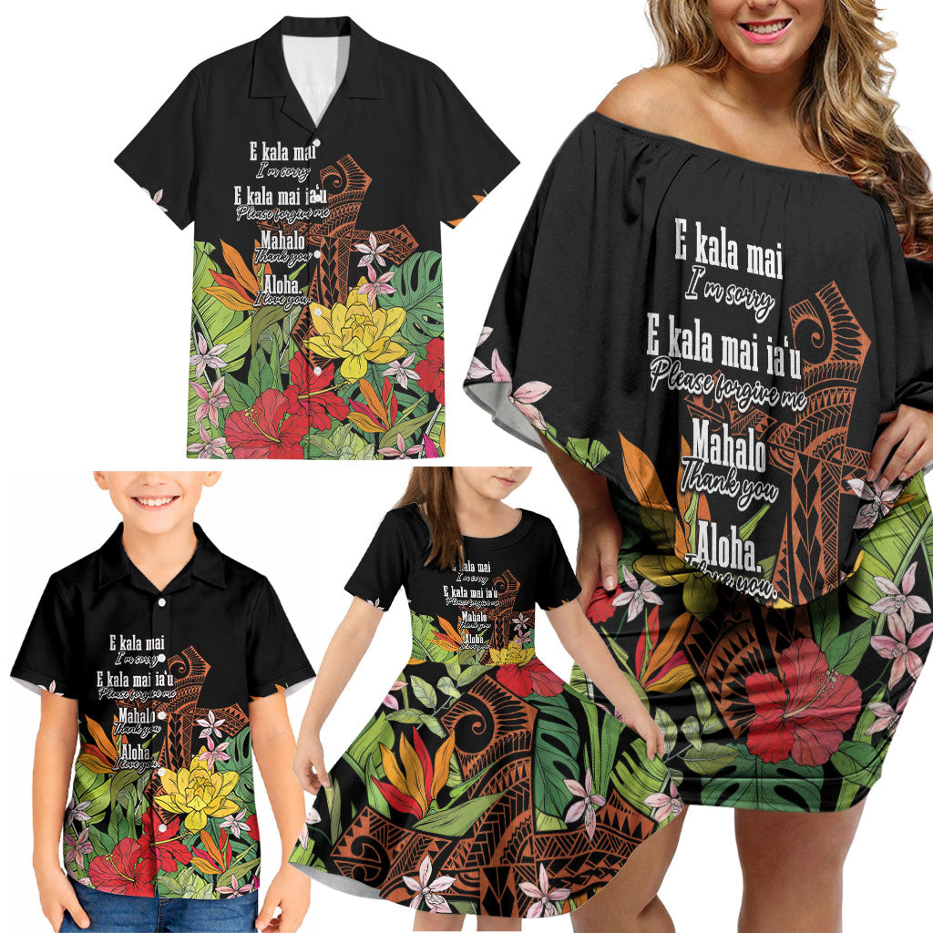 Mahalo Hawaii Ho'oponopono Pule Family Matching Off Shoulder Short Dress and Hawaiian Shirt Polynesian Pattern Cross