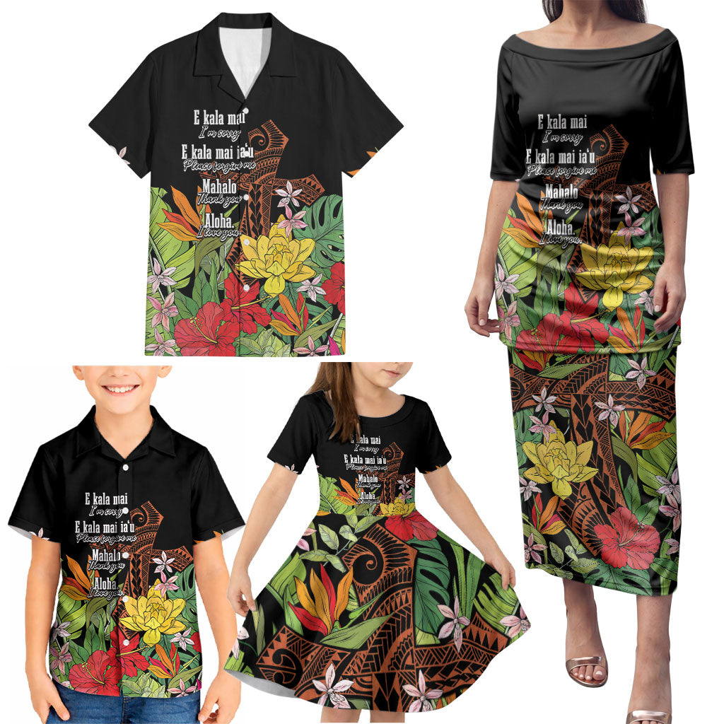 Mahalo Hawaii Ho'oponopono Pule Family Matching Puletasi and Hawaiian Shirt Polynesian Pattern Cross