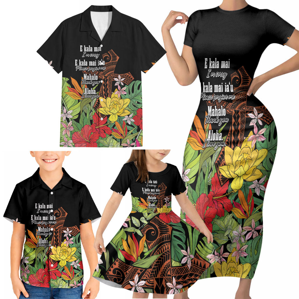 Mahalo Hawaii Ho'oponopono Pule Family Matching Short Sleeve Bodycon Dress and Hawaiian Shirt Polynesian Pattern Cross