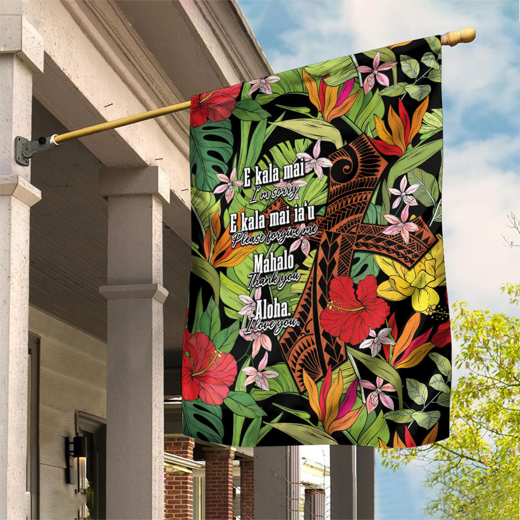 Mahalo Hawaii Ho'oponopono Pule Garden Flag Polynesian Pattern Cross