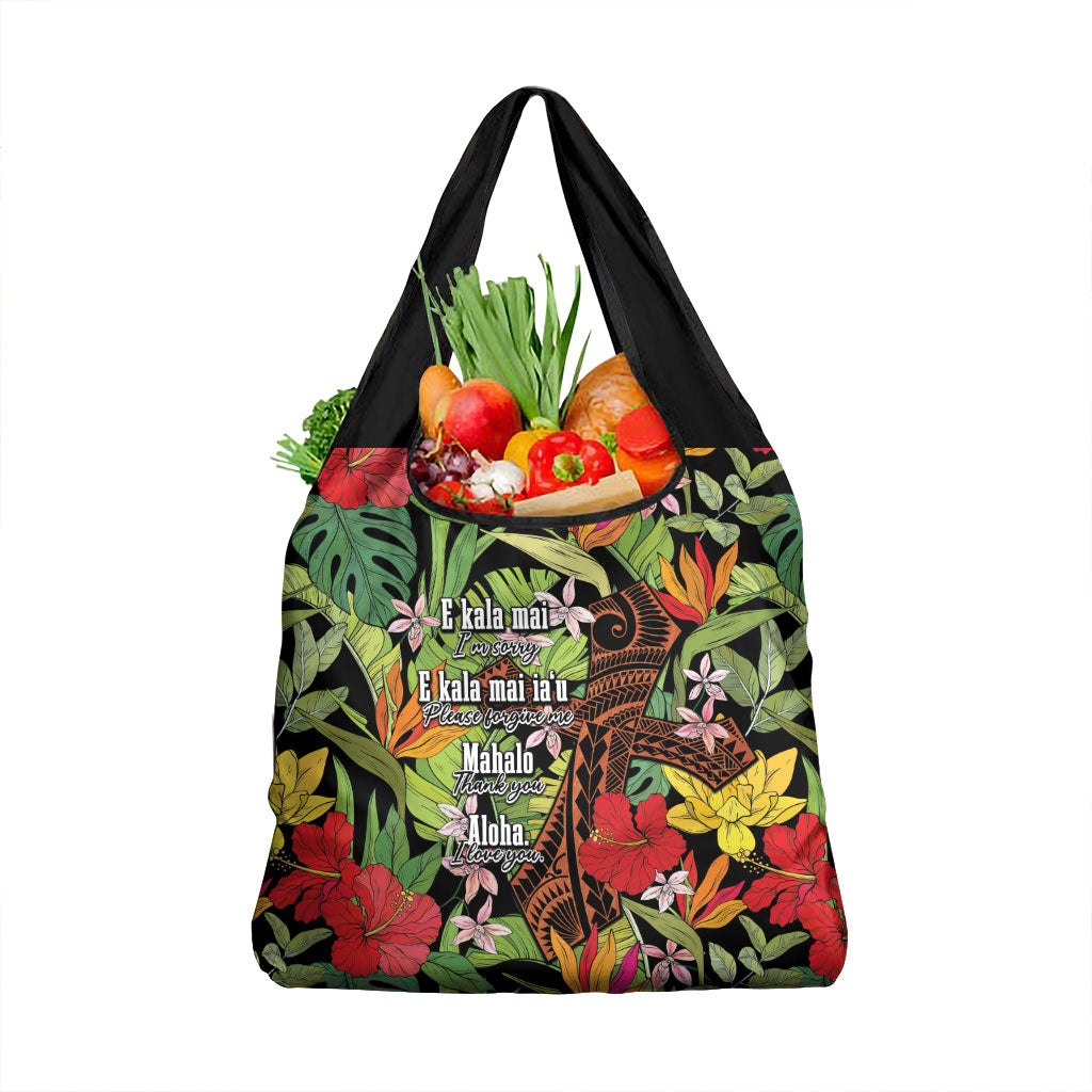 Mahalo Hawaii Ho'oponopono Pule Grocery Bag Polynesian Pattern Cross