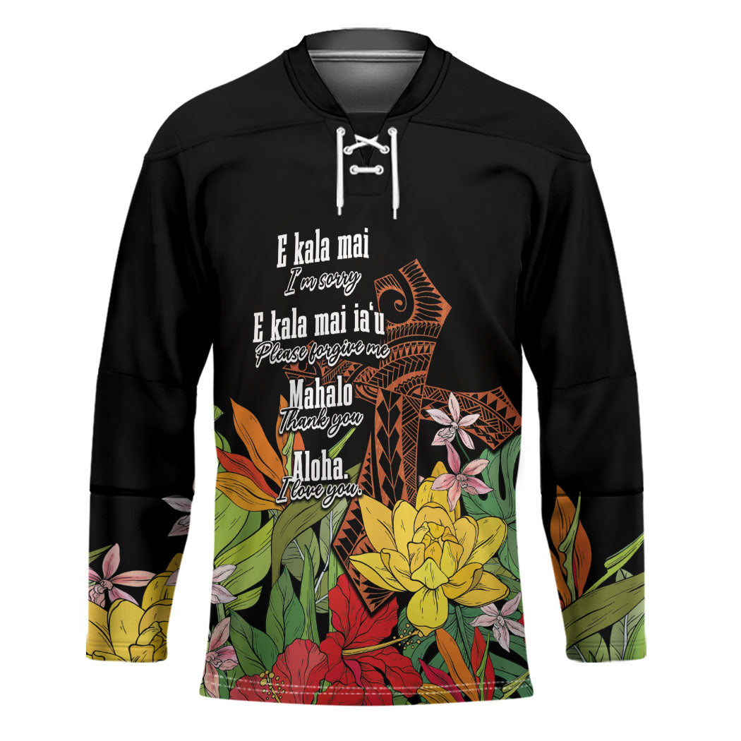 Mahalo Hawaii Ho'oponopono Pule Hockey Jersey Polynesian Pattern Cross