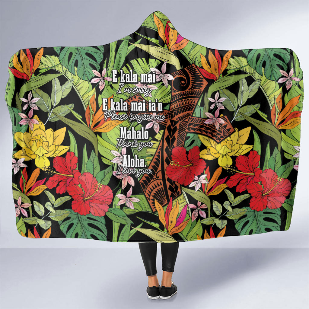 Mahalo Hawaii Ho'oponopono Pule Hooded Blanket Polynesian Pattern Cross