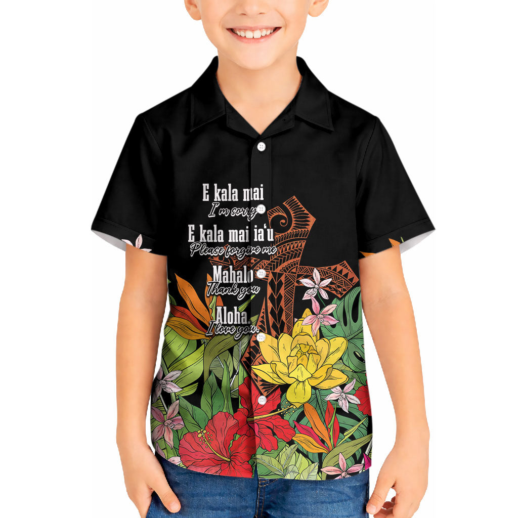 Mahalo Hawaii Ho'oponopono Pule Kid Hawaiian Shirt Polynesian Pattern Cross
